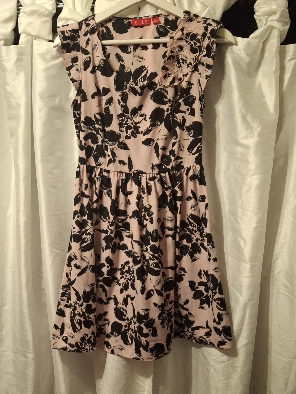 ELLE Blush Pink and Black Floral Ruffle-Accent Dress
